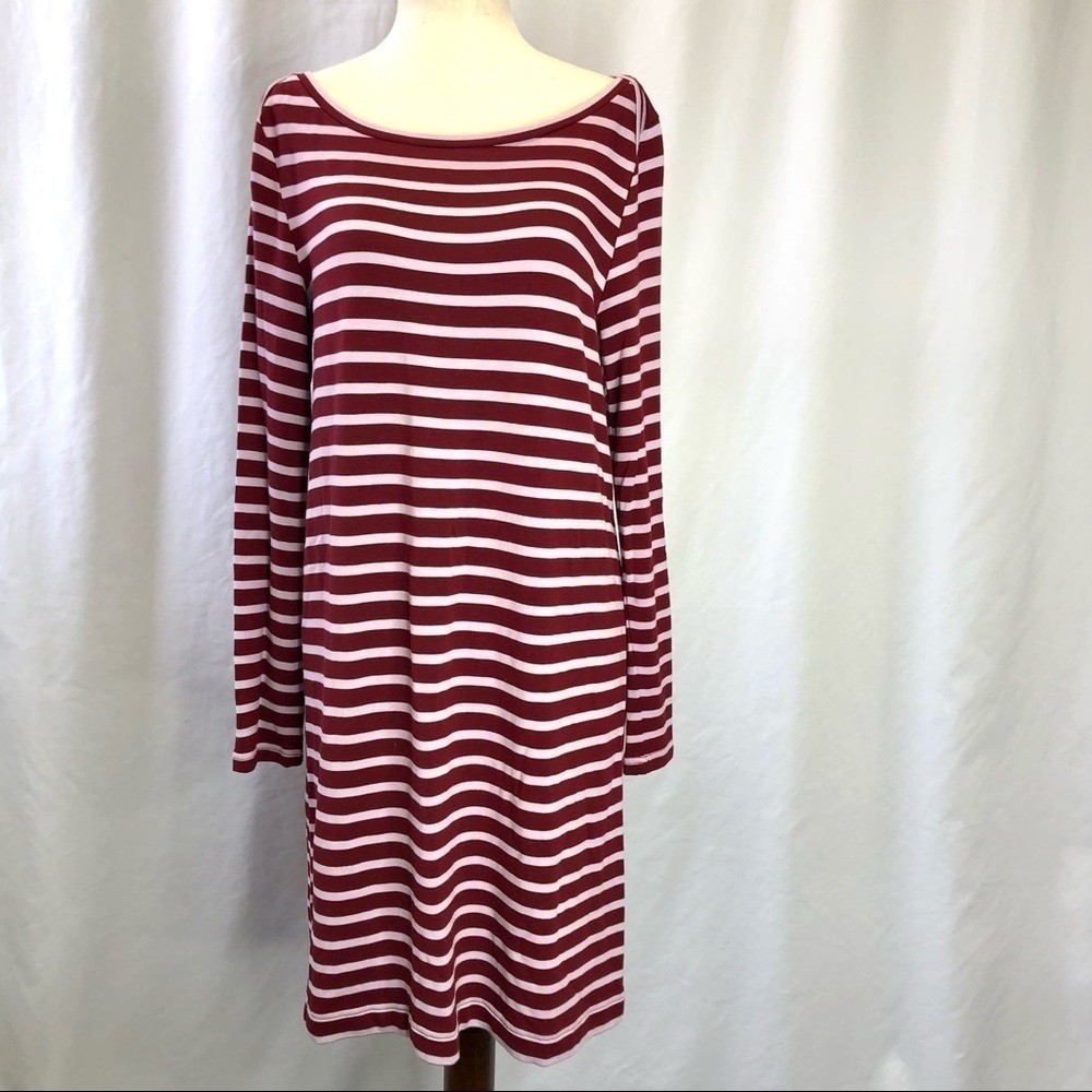 Lou & Grey maroon dark red pale pink striped SOFT sweatshirt dress boat neck M